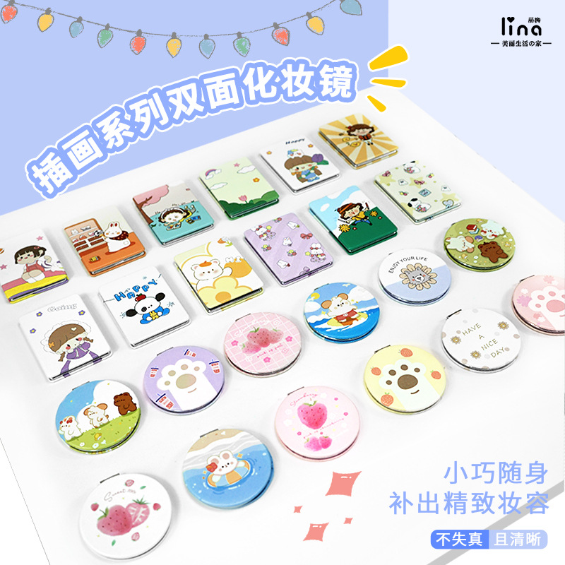 lina cartoon small round mirror portable pu leather round mini makeup mirror portable student female folding square small mirror