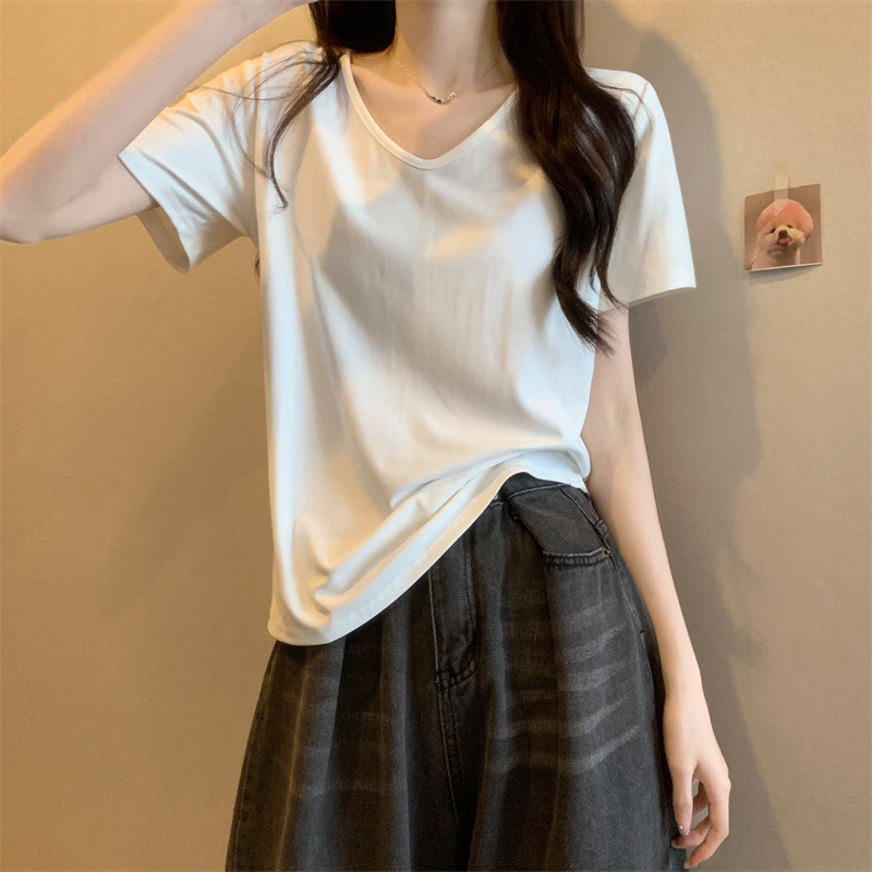 休闲v字领白色跨境女式t恤全棉短袖女打底衫宽松显瘦别致法式上衣