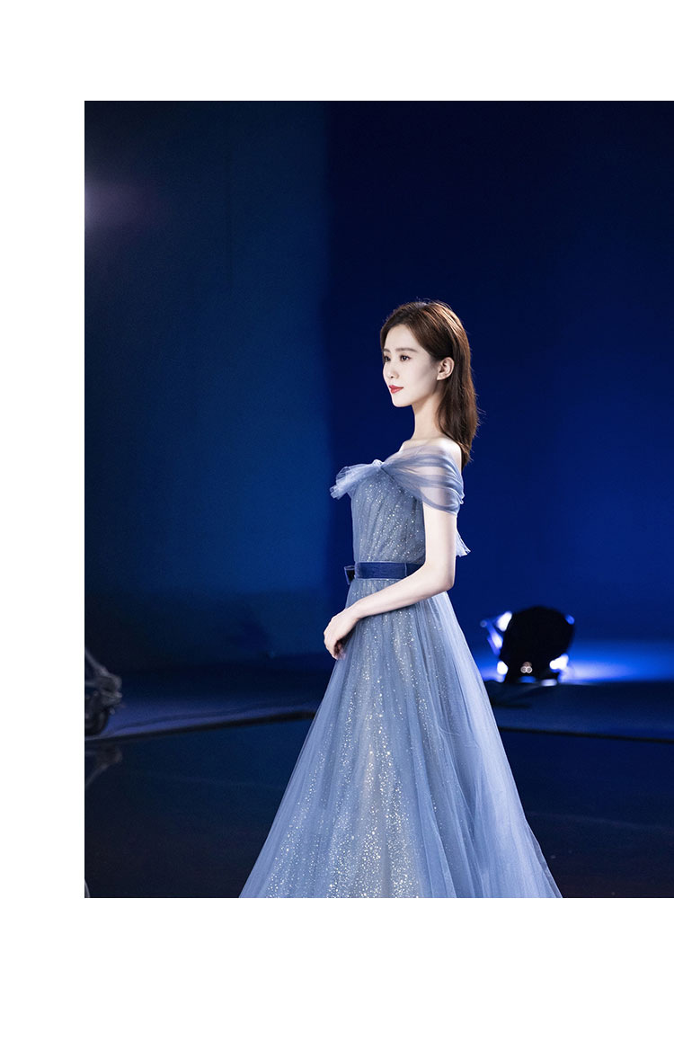 外贸货源欧美万籁星空蓝色一字肩宴会年会主持人演出婚纱礼服供应