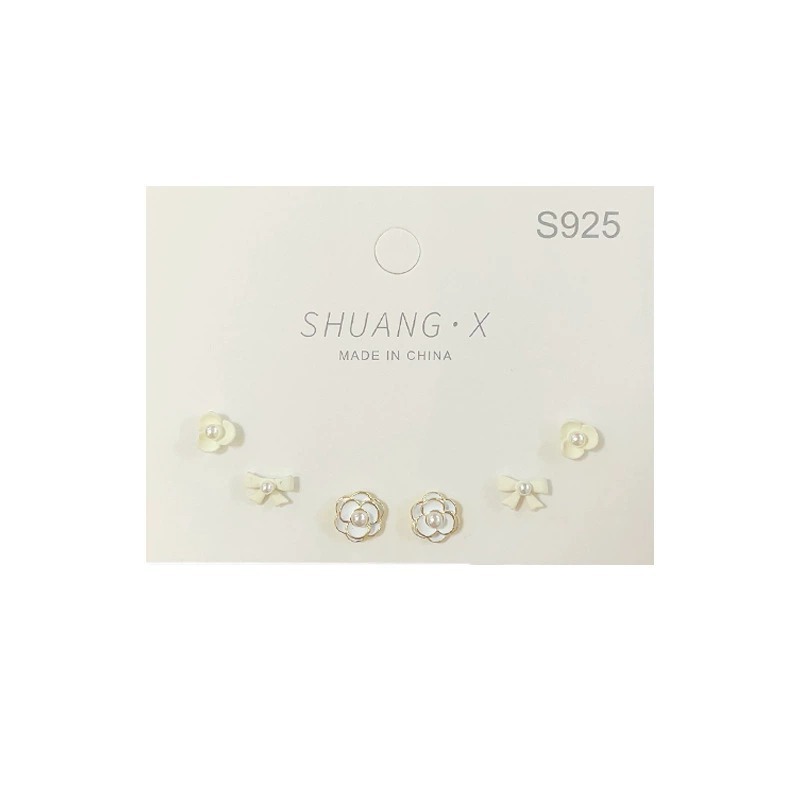 One Card Three Pairs Silver Needle Simple White Camellia Stud Earrings Female Korean Style Exquisite Classic Style Graceful Bow Earrings