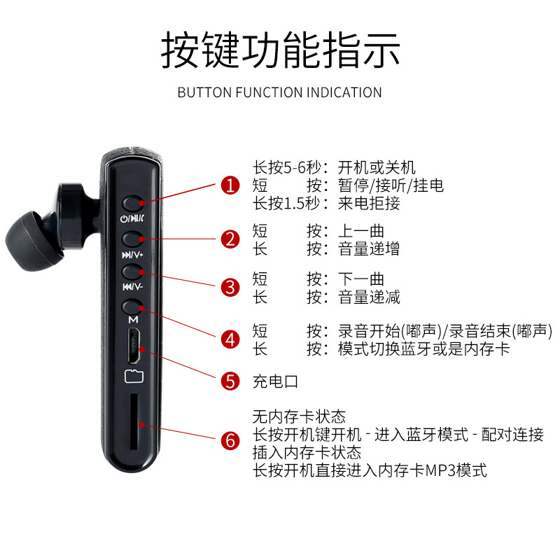 Factory Direct Sales New Sports in-Ear Business Bluetooth Recording Earbuds Earphone Support 32gb Memory Card