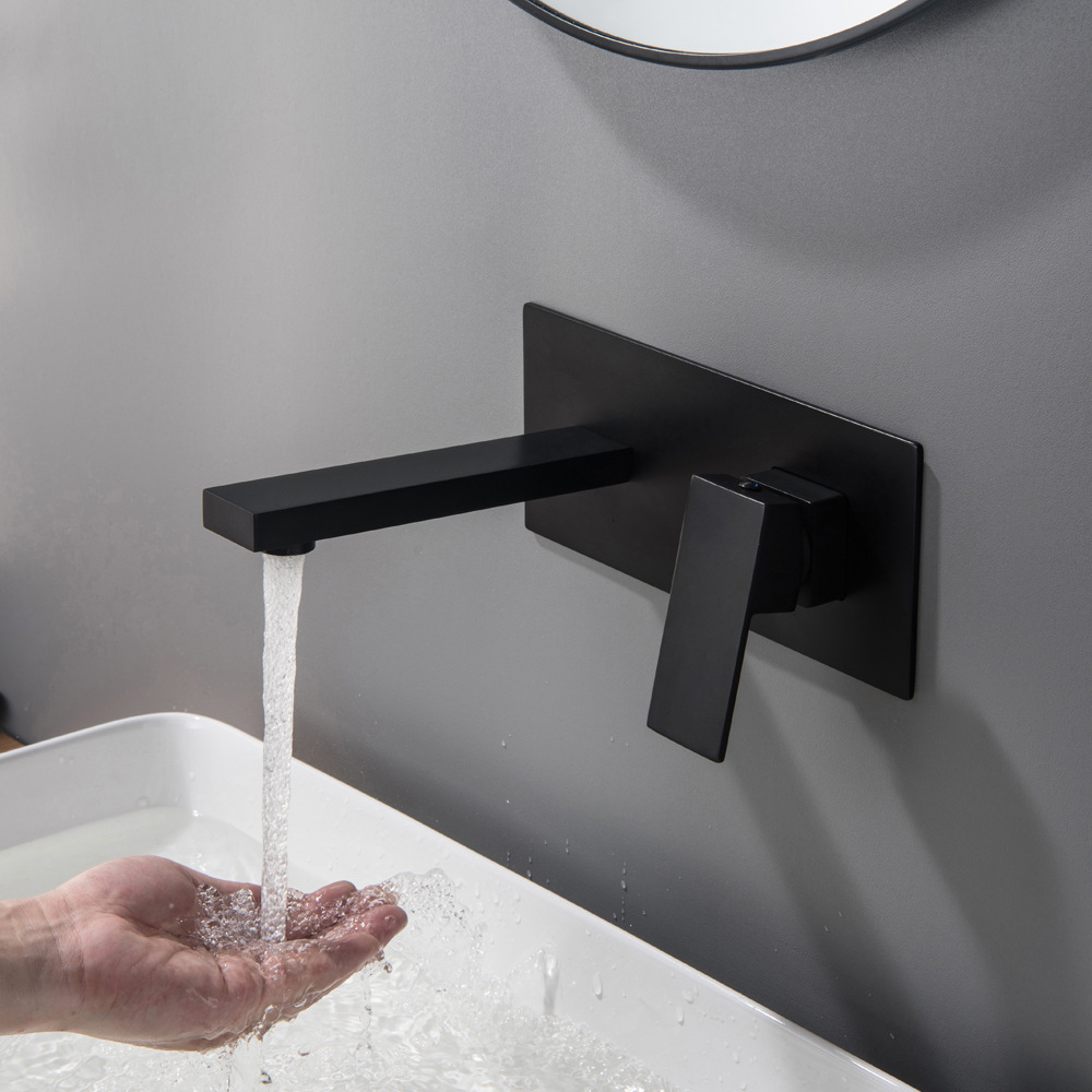 跨境一体式入墙暗装全铜方形黑色防溅冷热水洗脸台上盘面盆水龙头
