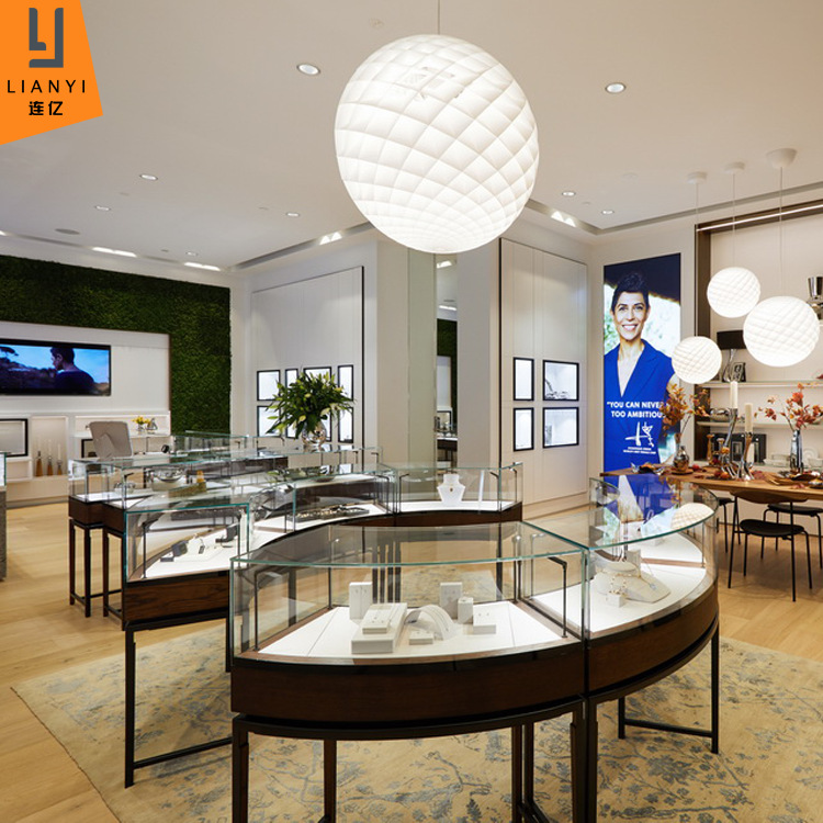 高端品牌珠宝店柜台复古金属木质弧形玻璃展柜项链饰品展示柜首饰
