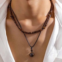 欧美跨境饰品 男士木珠松石项链套装Necklace 简约百搭小众毛衣链