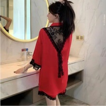 睡衣女夏天2024新款红色睡裙套装薄款高级感衬衫性感蕾丝边睡衣裙