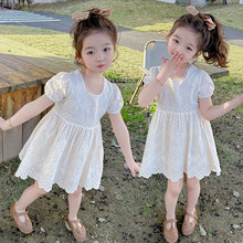女童方领蕾丝连衣裙2024夏季新款洋气时髦儿童装女宝宝短袖公主裙