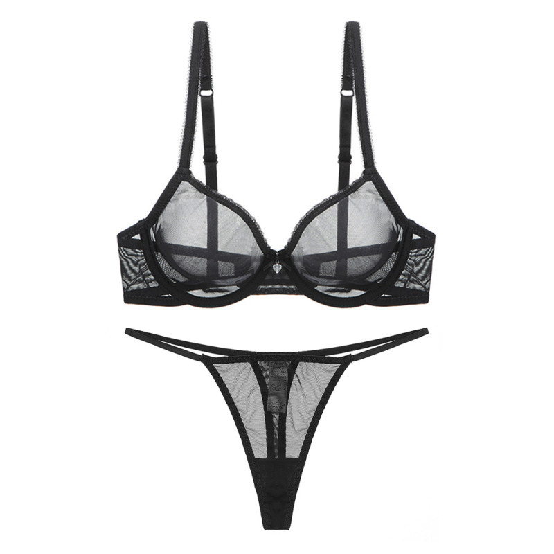 夏季性感全透明蕾丝胸罩丁字裤套装欧美超薄款透视诱惑舒适文胸