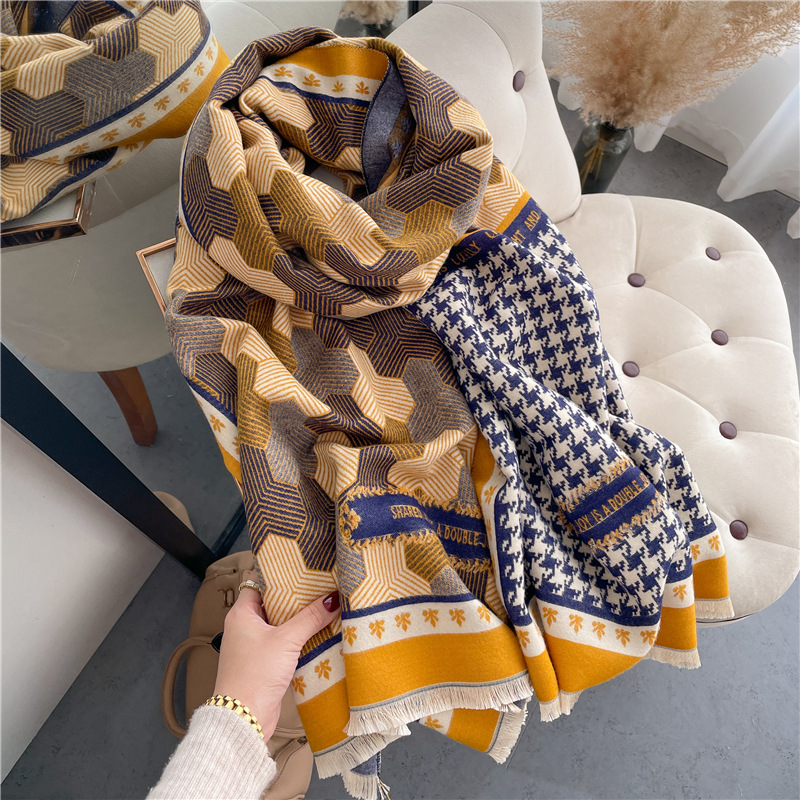 New Football Pattern Scarf Women's Cashmere Warm Shawl Korean Style Thick Double-Sided Soft Temperament Scarf Dual-Purpose