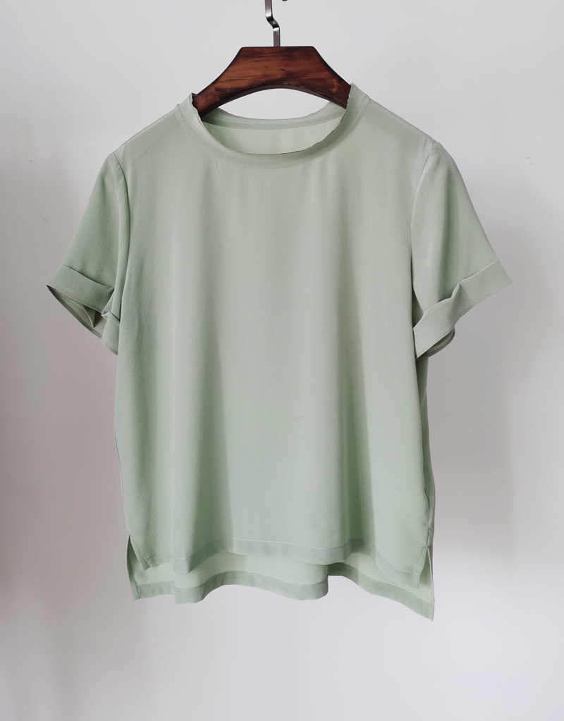 22夏休闲20mm重磅砂洗真丝圆领套头衬衫女 短袖桑蚕丝t恤雾霾绿