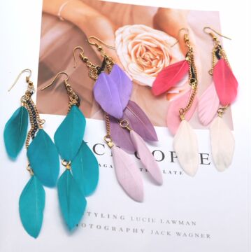 电商热销长款民族风度假羽毛耳环波西米亚链条羽毛耳饰多彩流苏女