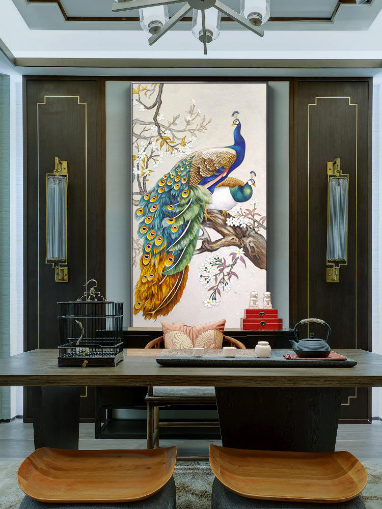 手工珐琅彩画欧式玄关装饰画竖版中式客厅吉祥孔雀走廊过道壁画