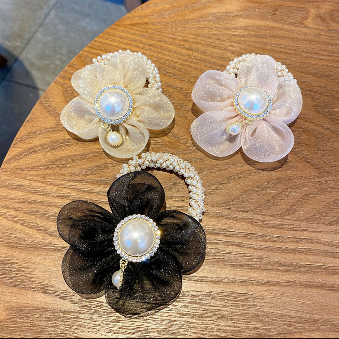 Tiktok Hot Sale South Korea Dongdaemun Net Yarn Flowers Hair Rope Sweet Summer Delicate Pearl Flowers Hair Band for Bun Haircut