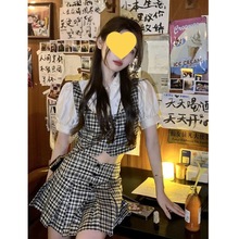 学院风格子套装女装泡泡袖衬衫上衣夏季百褶半身裙时尚减龄两件青