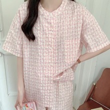 韩国ins女士夏季韩系甜美减龄小格子碎花圆领短袖睡衣套装家居服