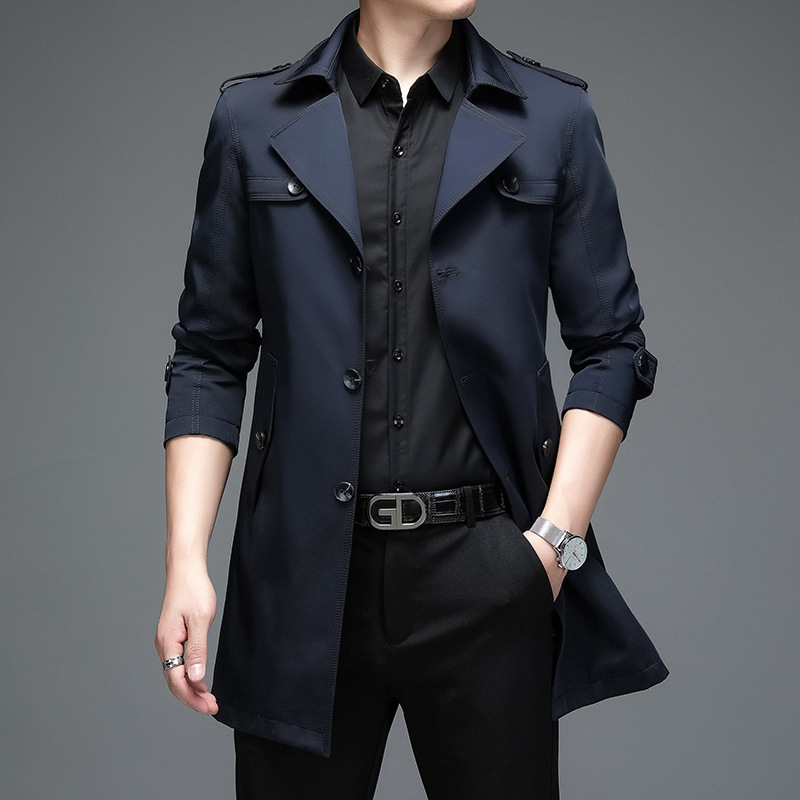 2022春装纯色中长款风衣男中青年翻领薄款宽松单排扣春季大衣批发