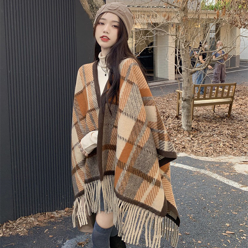 Korean Style Cashmere-like Air Conditioner Shawl Outer Match Internet Celebrity Cloak Autumn and Winter New Niche Retro Plaid Warm Scarf for Women