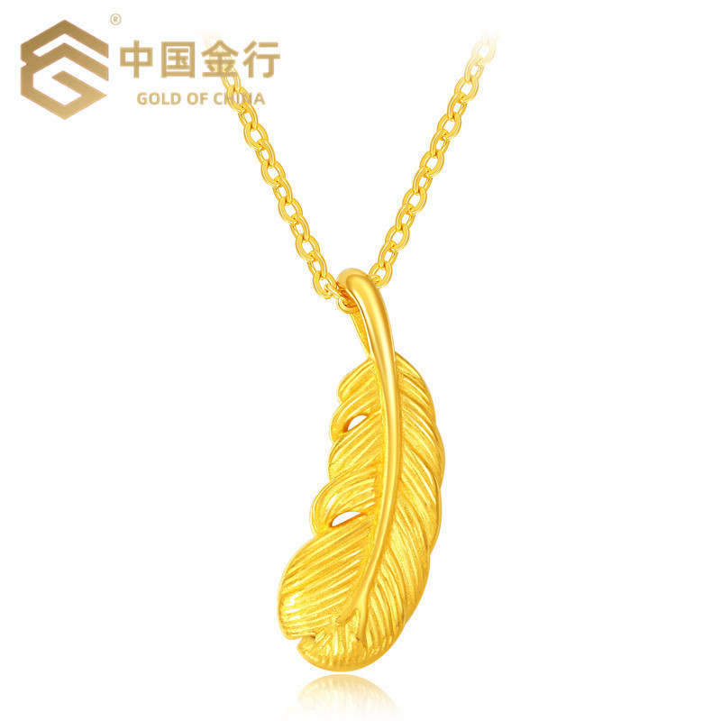 水贝黄金999千足金羽毛吊坠项链女无氰工艺珠宝首饰批发美业礼品