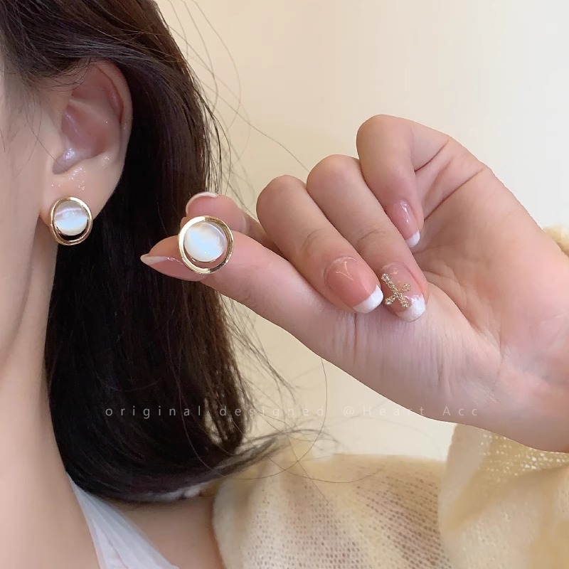 Light Luxury round Opal Stone Ear Studs Women's Niche Design Earrings Retro Hong Kong Style High-Grade Simple and Elegant Earrings