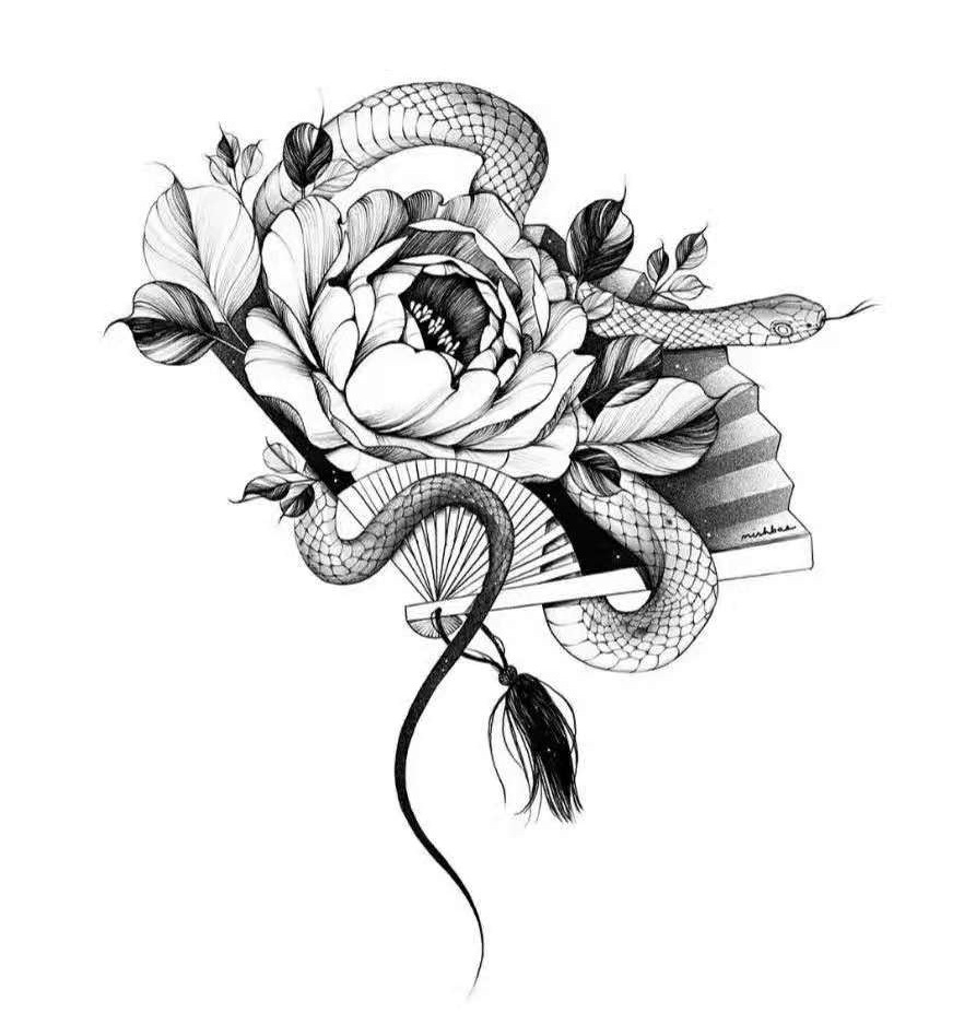 现货批发黑白素描花朵纹身贴暗黑花臂纹身贴纸玫瑰花朵tattoo