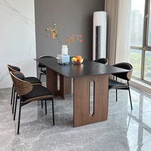 实木餐桌岩板中古风黑胡桃色意式设计师长方形1.4米1.6餐桌椅组合