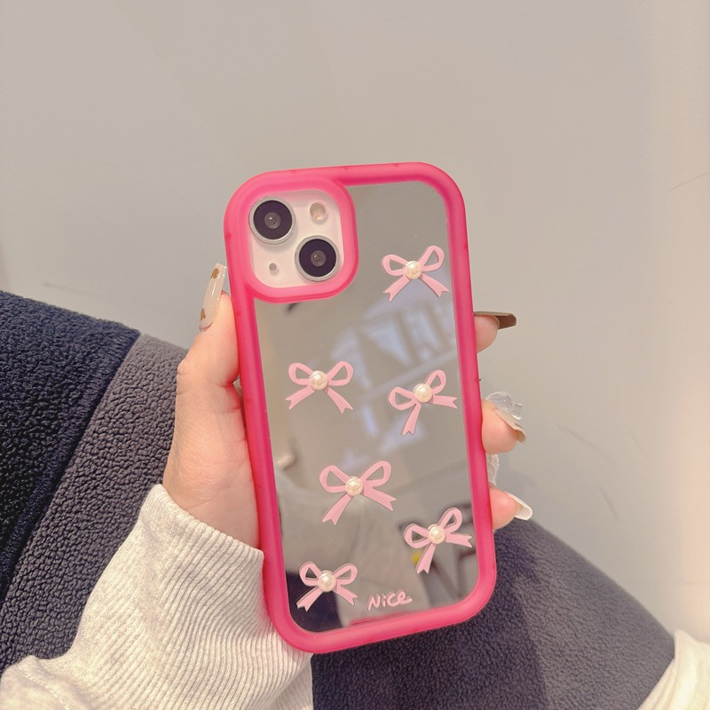 镜面粉色蝴蝶结蕾丝挂坠iphone15手机壳适用苹果1413promax少女心