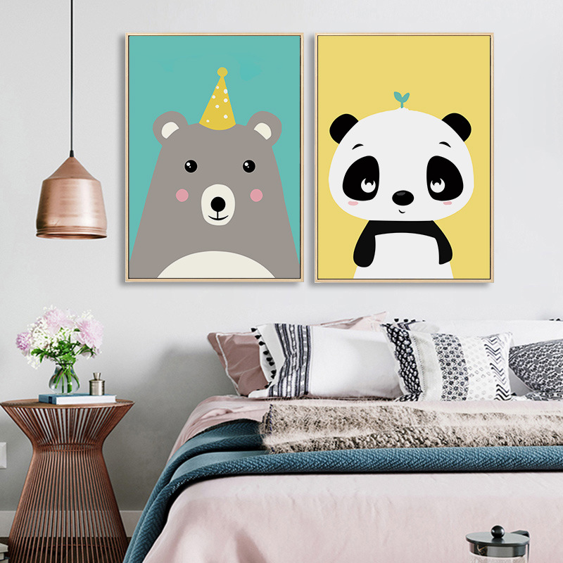 简约现代北欧帆布画卡通熊猫兔子狗熊萌宠装饰画儿童房挂画定制