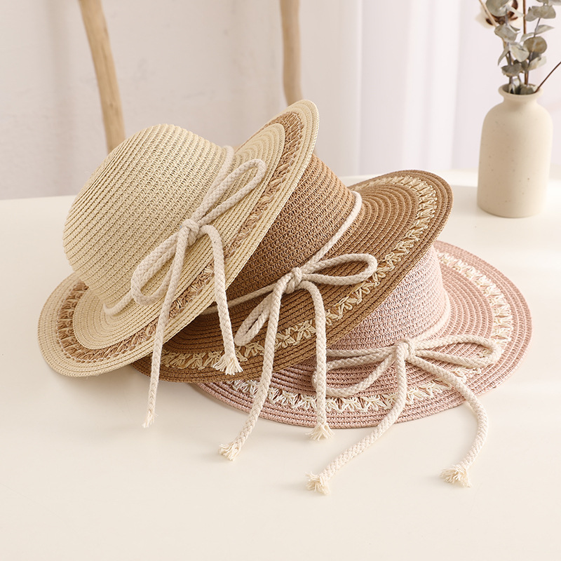 Children's Hat Female Spring and Summer Sun Protection Princess Beach Hat Girl's Tied Rope Bow Baby Sun Protection Fisherman Hat Tide