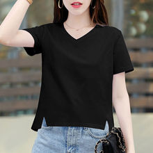 v领黑色宽松T恤女短袖夏季新款正肩体恤设计感小众韩版开叉上衣