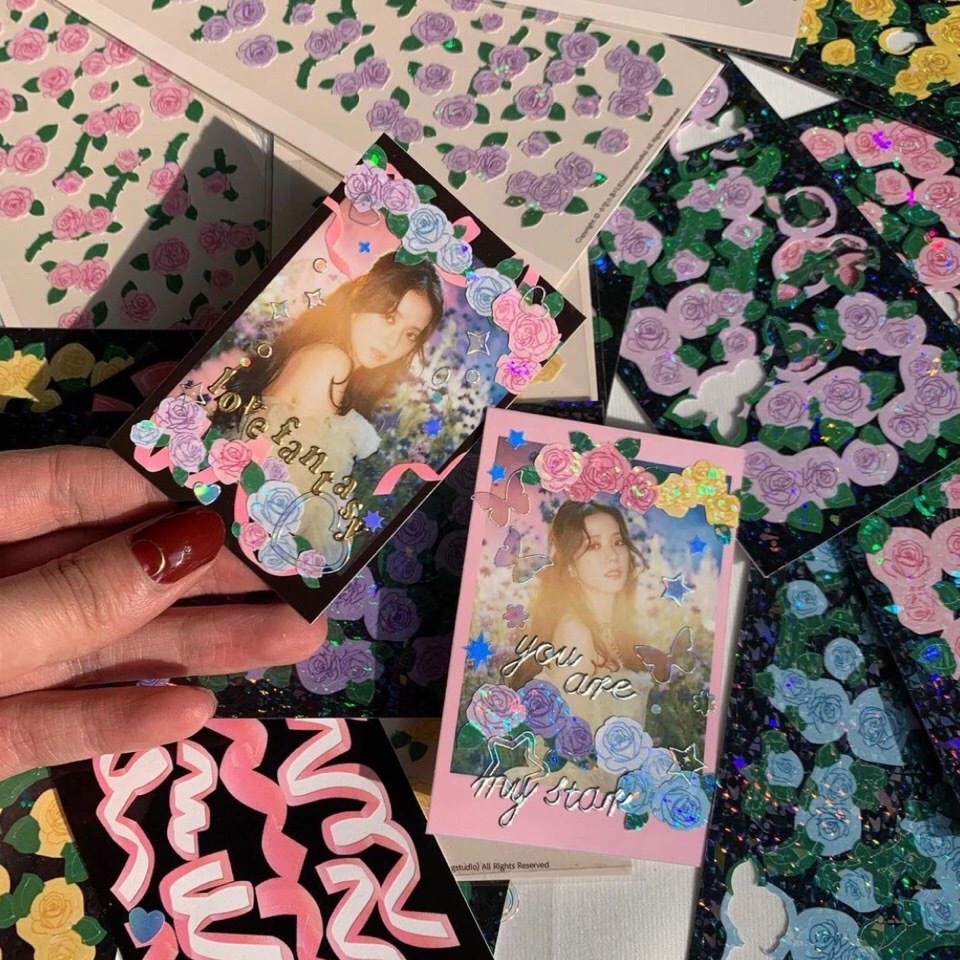 绝美玫瑰花镭射贴纸追星小卡素材装饰贴纸闪闪贴画