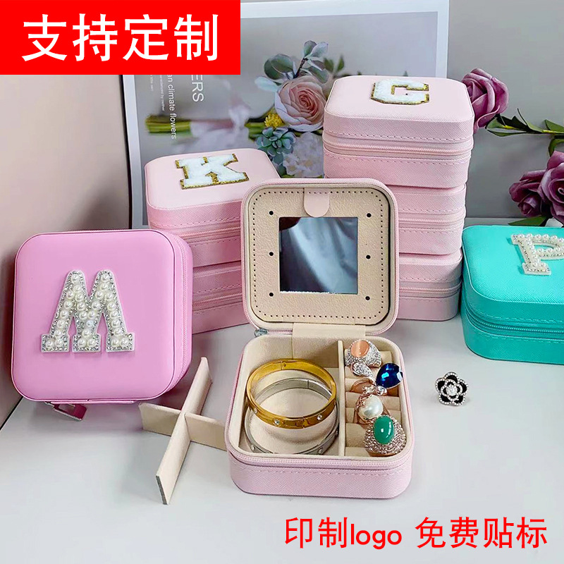 Minimalist Mirror Portable Palm Jewelry Box Ring Earring Storage Box Zipper Flip Travel Trinket Box Wholesale