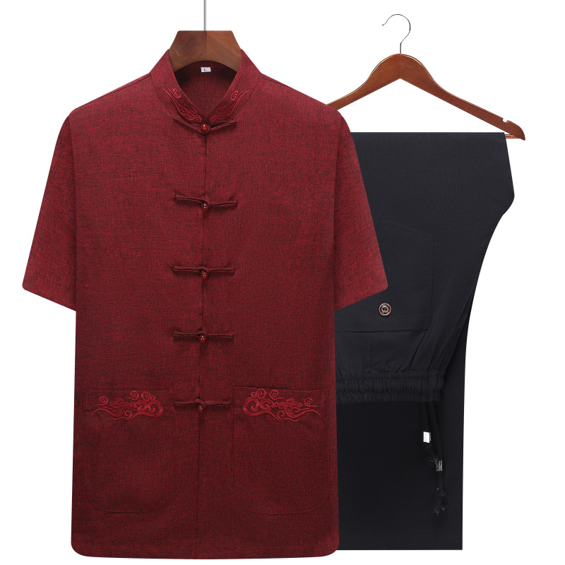 中老年生日过寿唐装男短袖夏装中式婚礼爸爸套装爷爷半袖婚宴礼服