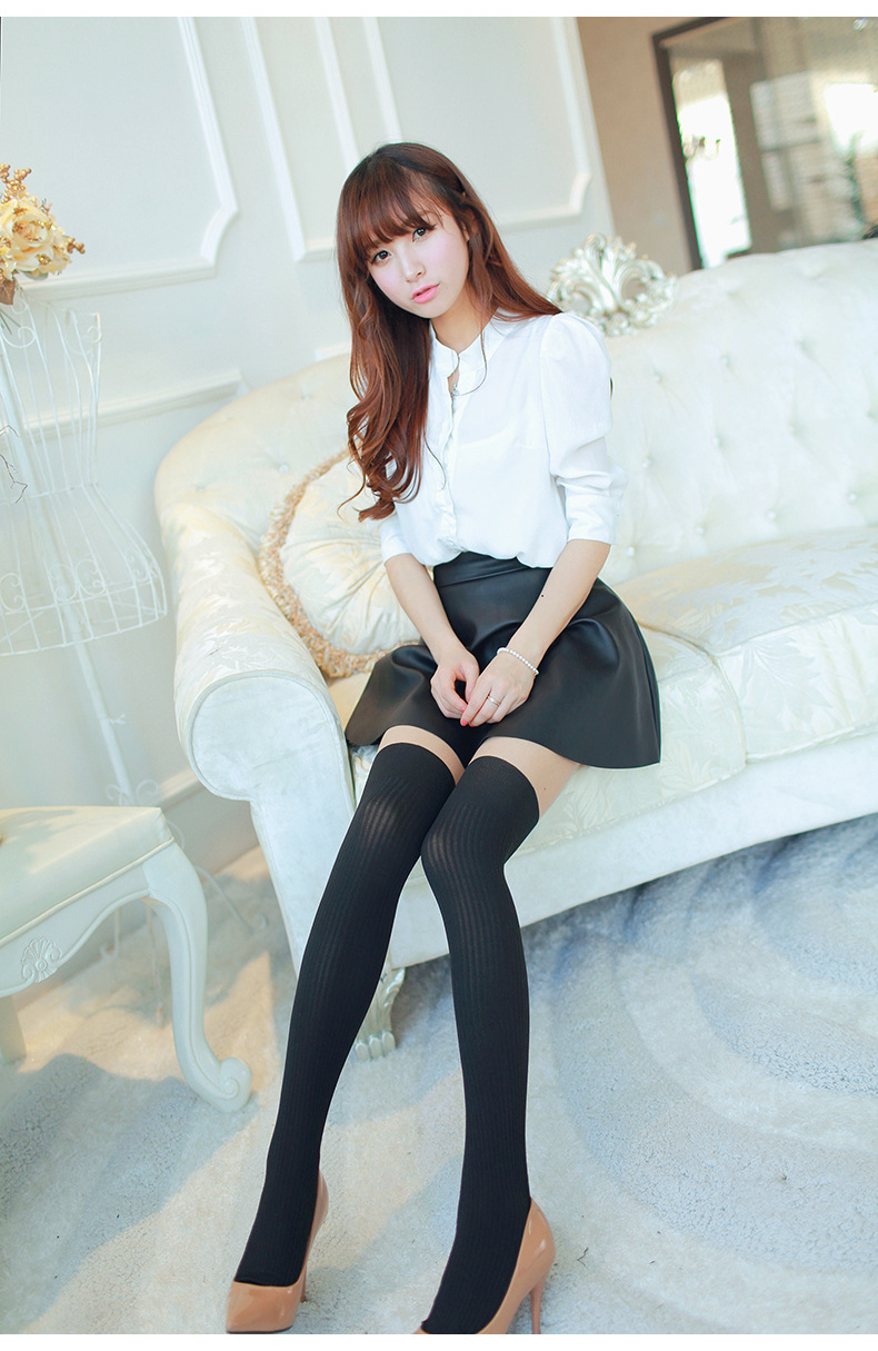 春夏日系假高筒拼接丝袜假过膝半截上肤下黑jk竖条螺纹女士连裤袜