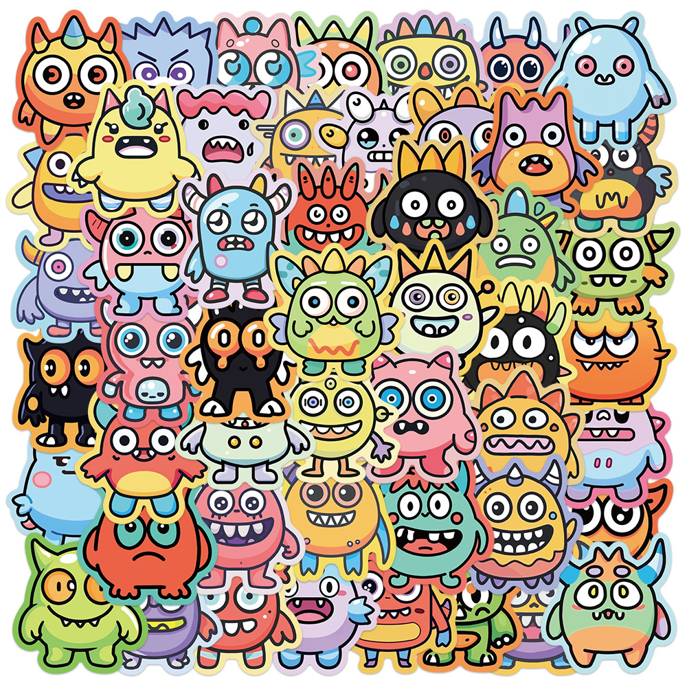 50张彩边可爱小怪兽贴纸笔记本电脑手账本手机壳行李箱装饰贴画