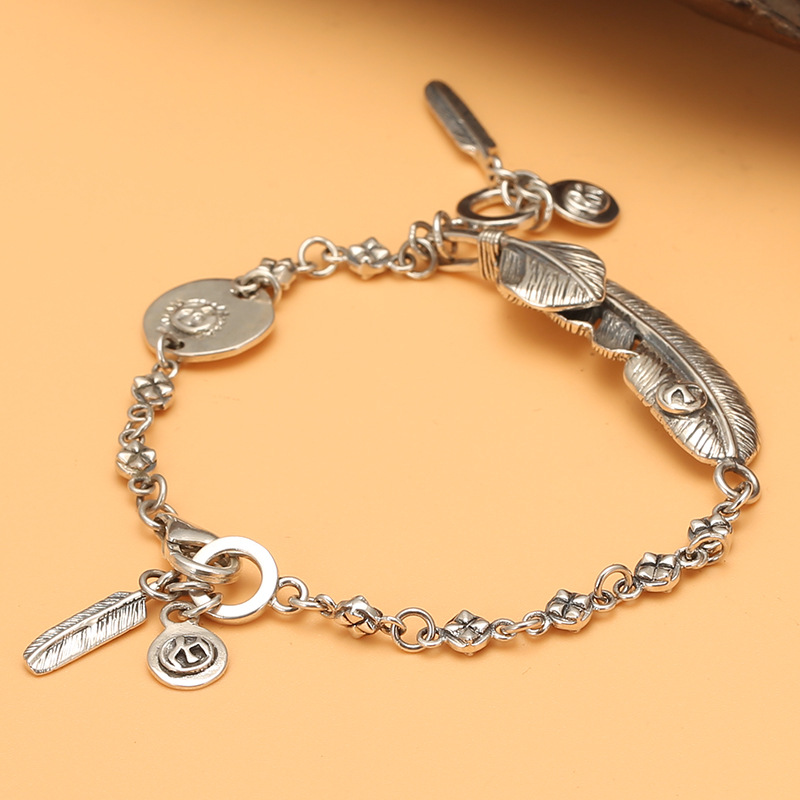 s925银韩版时尚goros手链泰银高桥吾郎羽毛手饰流苏日系ins气质女