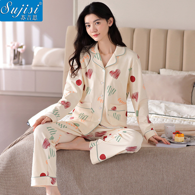 new autumn and winter pajamas women‘s cotton floral cardigan lapel long sleeve trousers pajamas cotton simple set