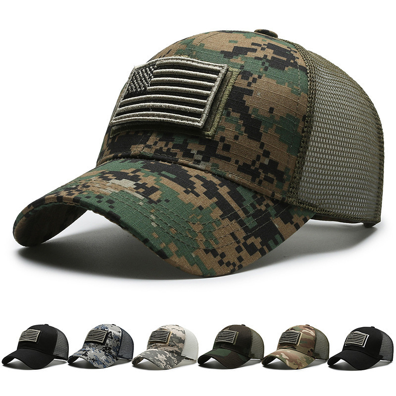 American Flag Camouflage Stickers Embroidered Baseball Cap Mesh Cap Men's Outdoor Velcro Peaked Cap Exclusive for Cross-Border