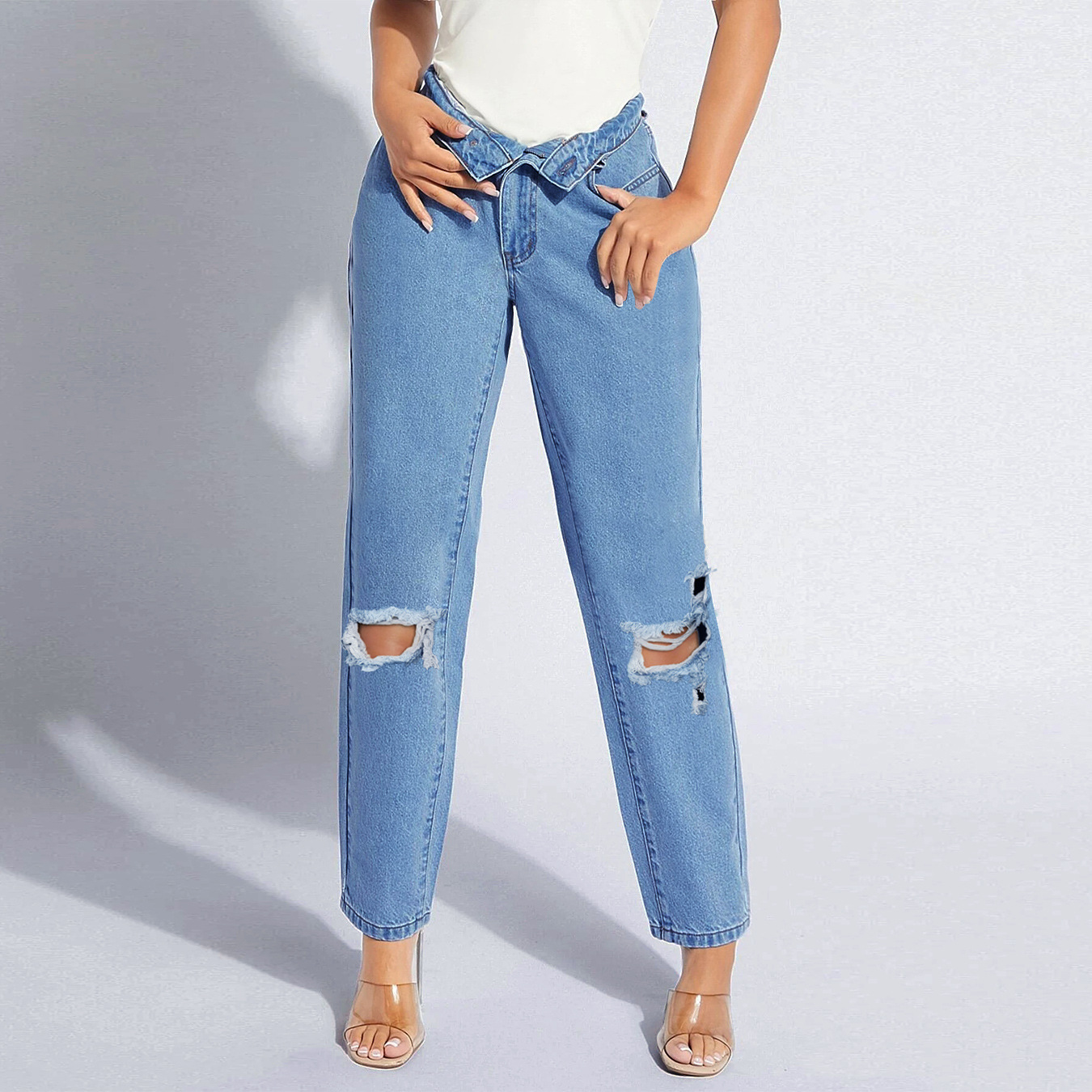 Dzt004# Europe and America Cross Border Amazon EBay AliExpress Wish plus Size Women's Ripped Denim Trousers