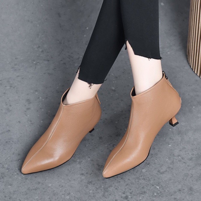 新款秋冬季中跟小短靴女尖头显高细跟时尚短筒后拉链靴子-阿里巴巴