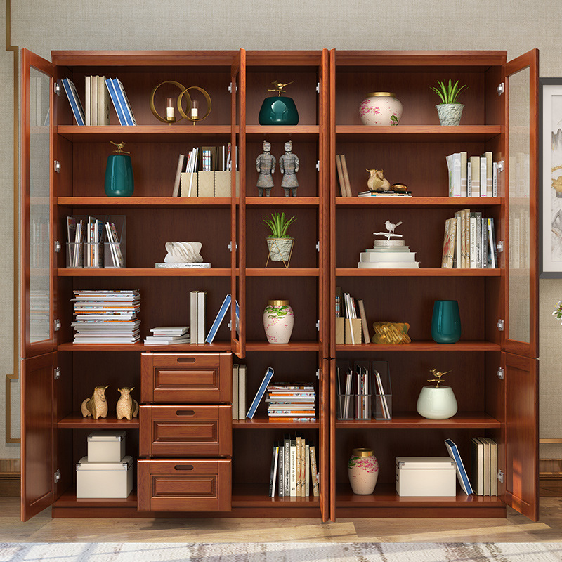实木书柜带玻璃门书架组合收纳柜一体新中式全实木储物柜书橱家具