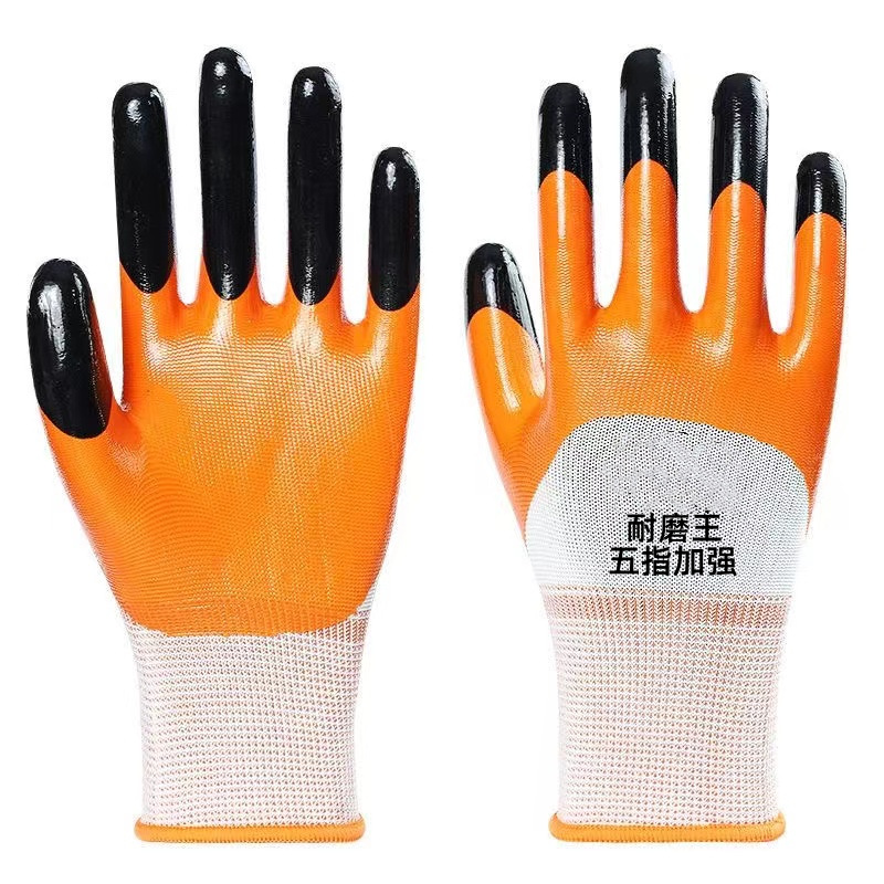 Wear-Resistant Gloves Labor Protection Gloves 909 Wear-Resistant King Oil-Proof Acid and Alkali-Resistant Work Strengthening Finger Yellow Nitrile Gloves