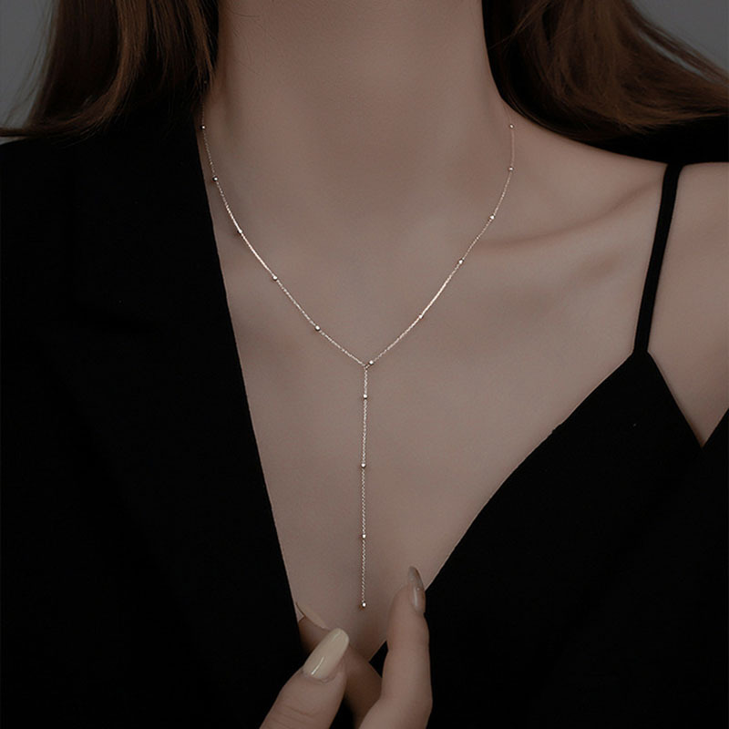 New Minimalist round Beads Long Fringe Necklace for Women Low-Cut Sexy Cold Style Clavicle Chain Light Luxury Minority Design Sense
