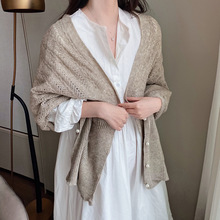 韩版针织披肩女早秋办公室保暖纯色开衫珍珠袖套披肩外搭两用围巾