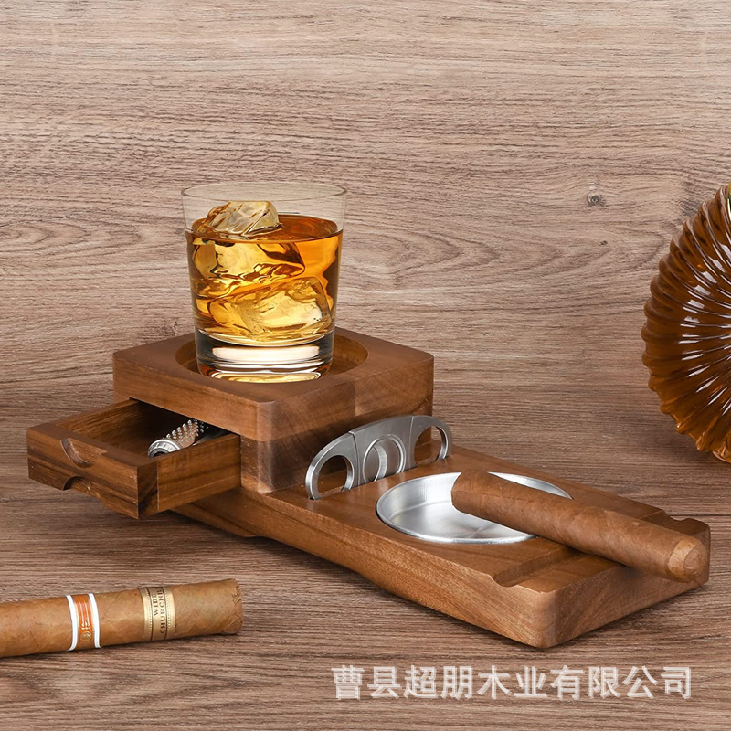 Cross-Border Wooden Ashtrays Coaster Whiskey Glass Tray and Wooden Ash Tray Cup Holder with Cigar Cutter