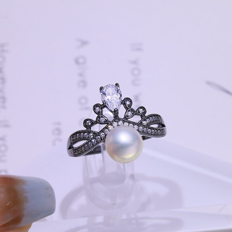 diy配件 s925纯银珍珠戒指空托 镀黑工艺皇冠指环戒托半成品配饰