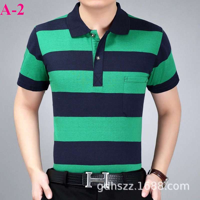 A Large Number of Spot T-Shirt Wholesale Short-Sleeved Men's Lapel Loose Striped Cotton Medium Youth Old Dad Wear Factory Direct Sales
