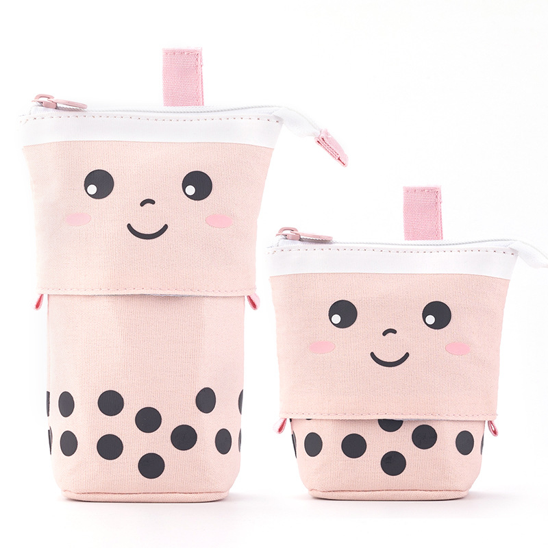 GZ Korean Creative Cute Milk Tea Drop-down Pencil Case Standing Telescopic round Cute Cartoon Pen Holder Storage