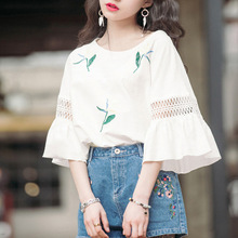 日系森女文艺夏装学生韩版小清新印花荷叶边喇叭袖短袖T恤上衣柒
