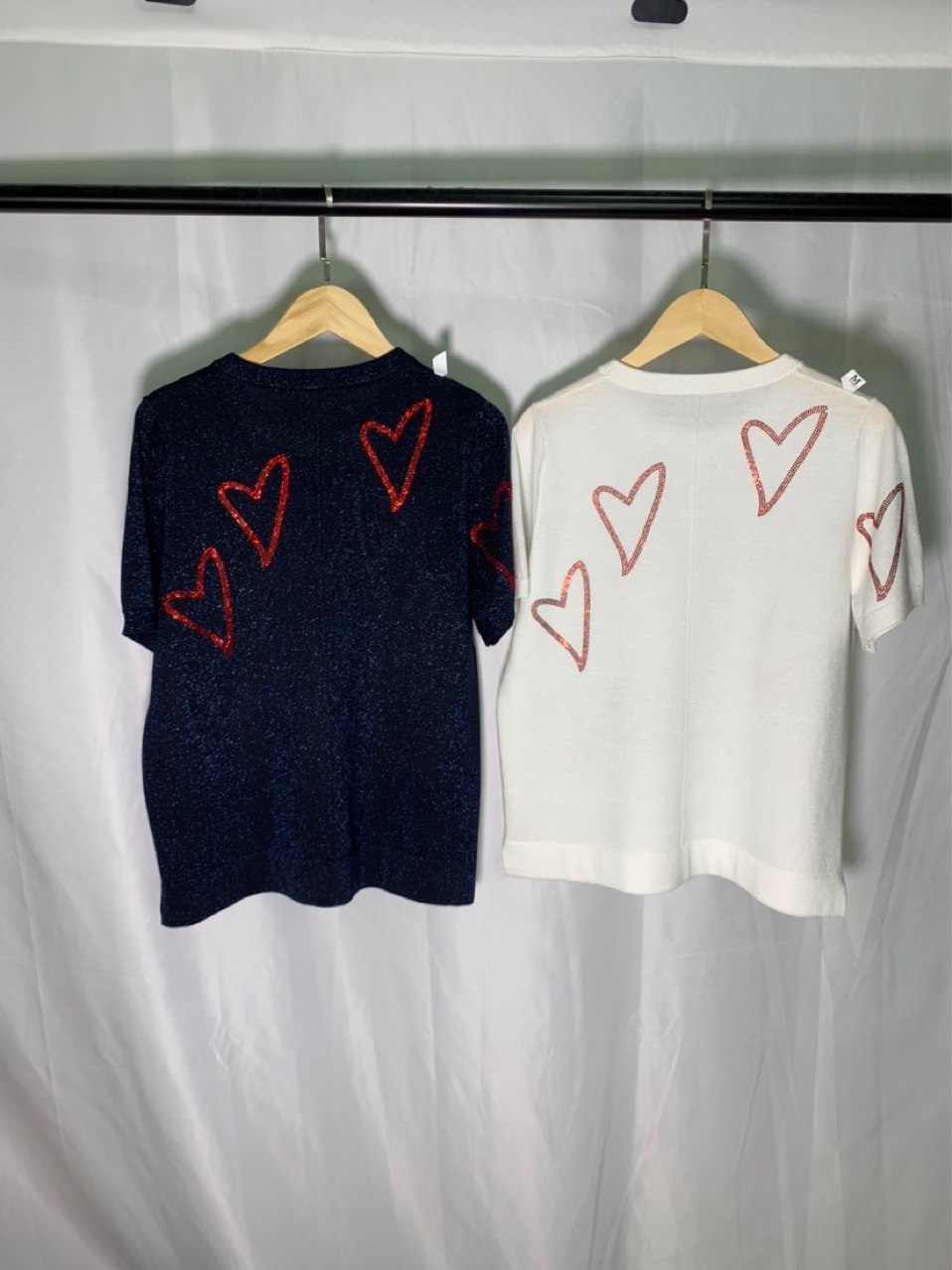2021春夏新款z家烫钻爱心~纯色经典圆领空心款短袖女t恤上衣