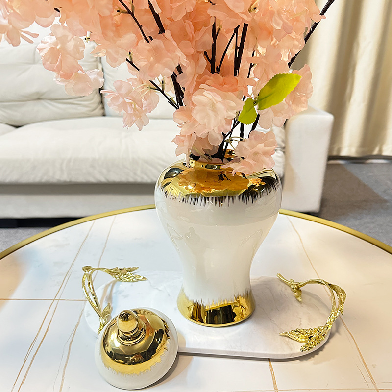 European-Style Electroplating Ceramic Hat-Covered Jar Vase Decoration Golden Light Luxury Crafts Model Room Soft Decoration Entrance Decoration