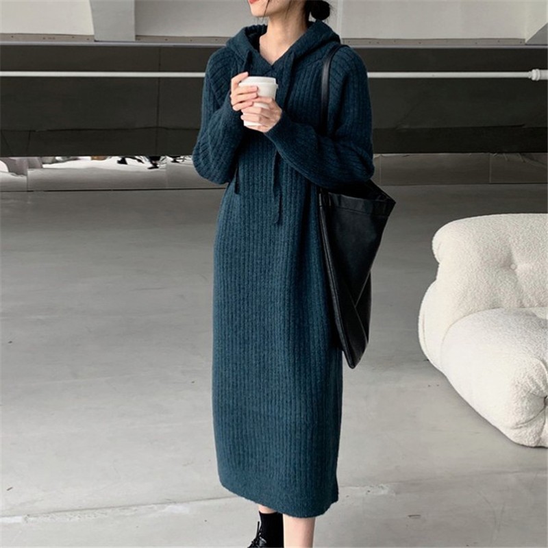 2023 Autumn and Winter Thickening Hooded Sweater Dress Women's Straight Loose Waist Long Outfit Slimming Knitted Bottoming Shirt